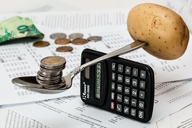 Pesando dinero y patata sobre calculadora