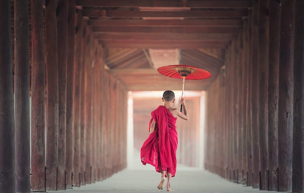 Niño japonés atravesando túnel de un templo