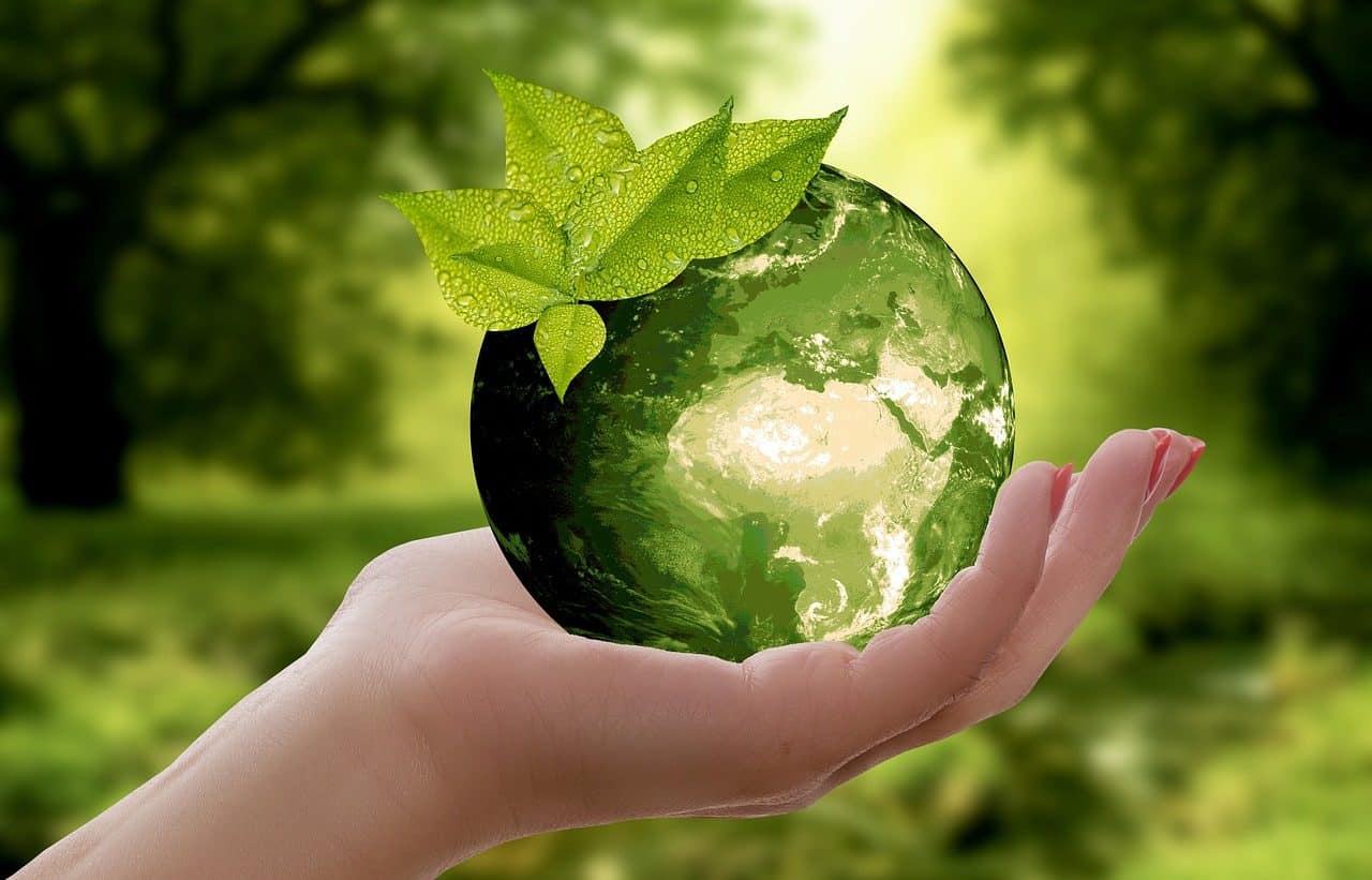 Mano sosteniendo un modelo del planeta Tierra en verde