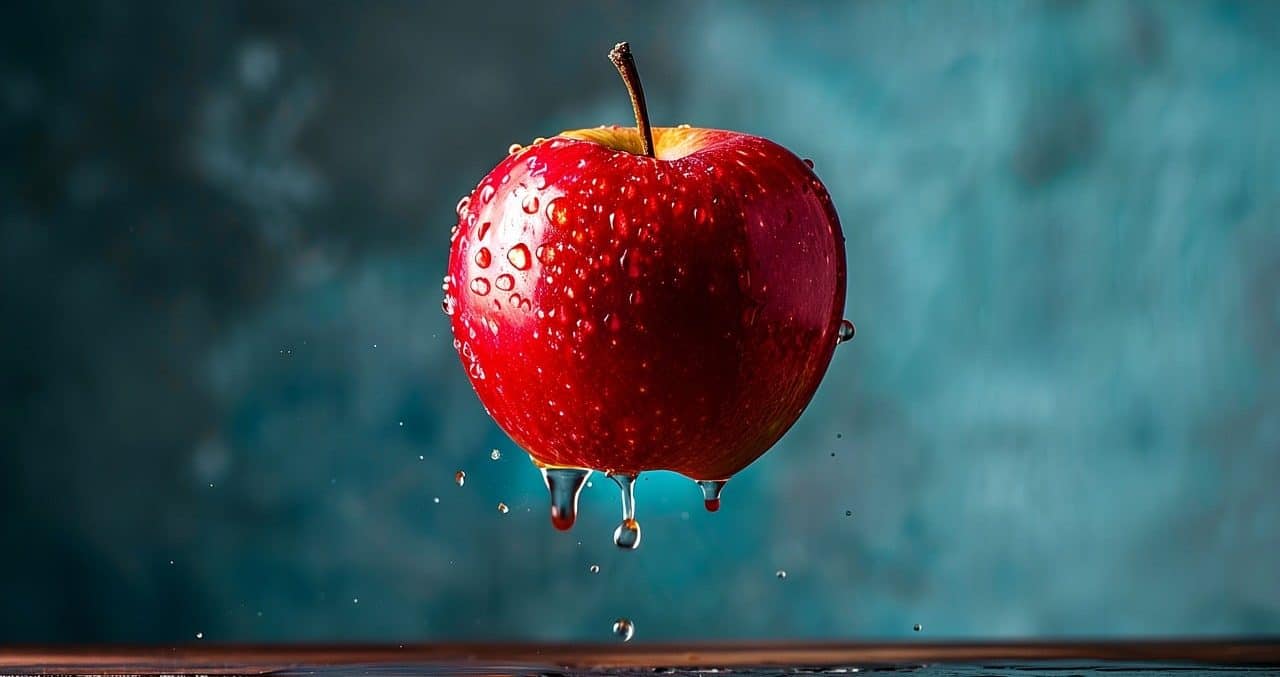 Manzana mojada flotando sobre fondo desenfocado