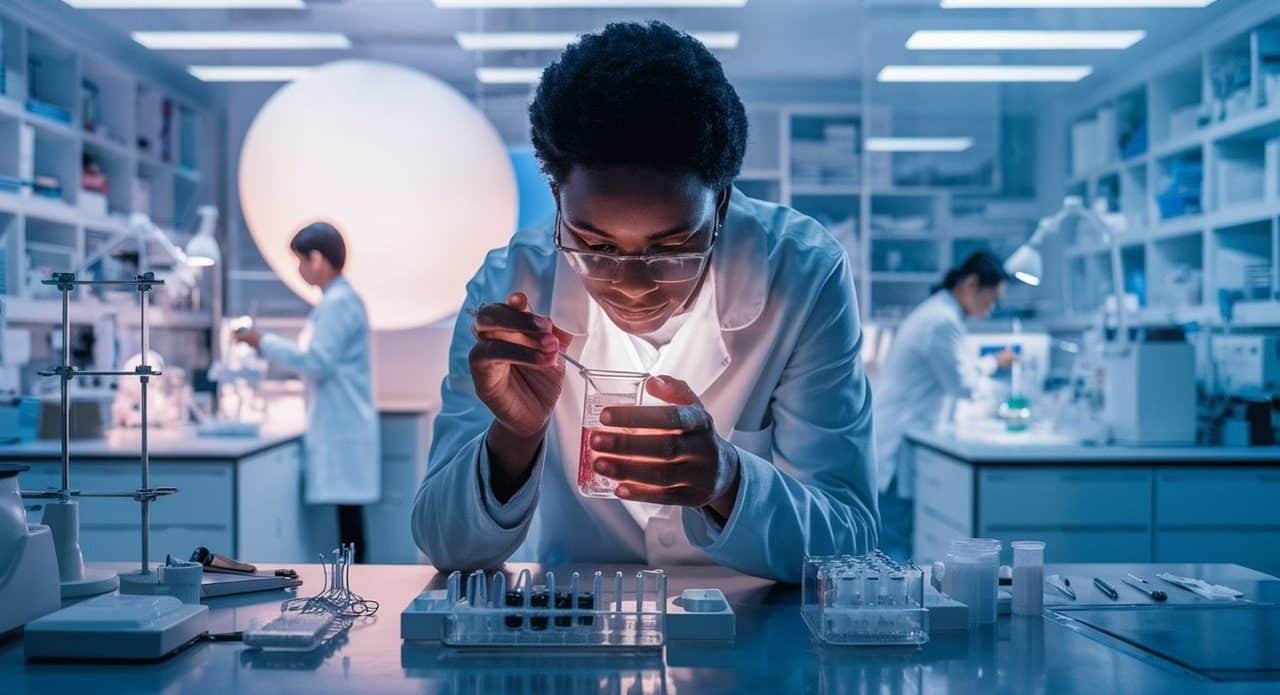 Científica haciendo experimento en laboratorio de química