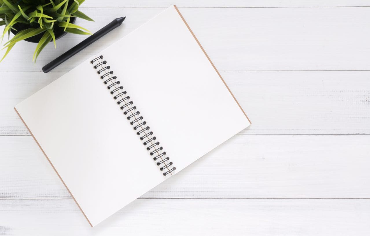 Cuaderno, bolígrafo y planta sobre una mesa blanca.