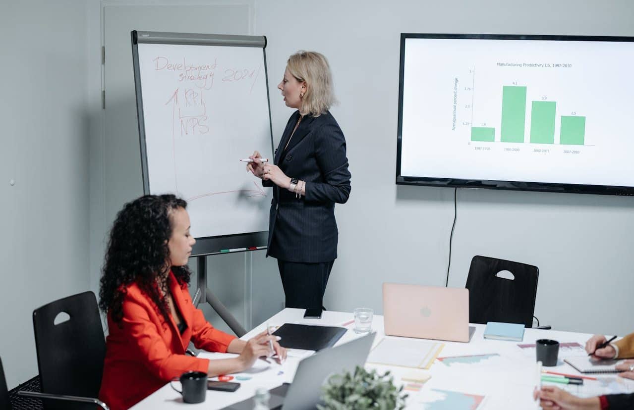 Mujeres profesionales en sala de reuniones evaluando gráficos en un gran monitor