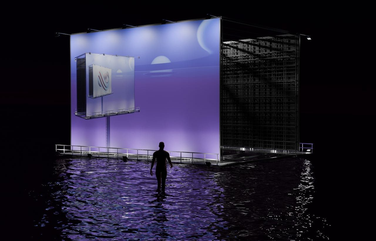 Escena 3d con agua y un personaje humano